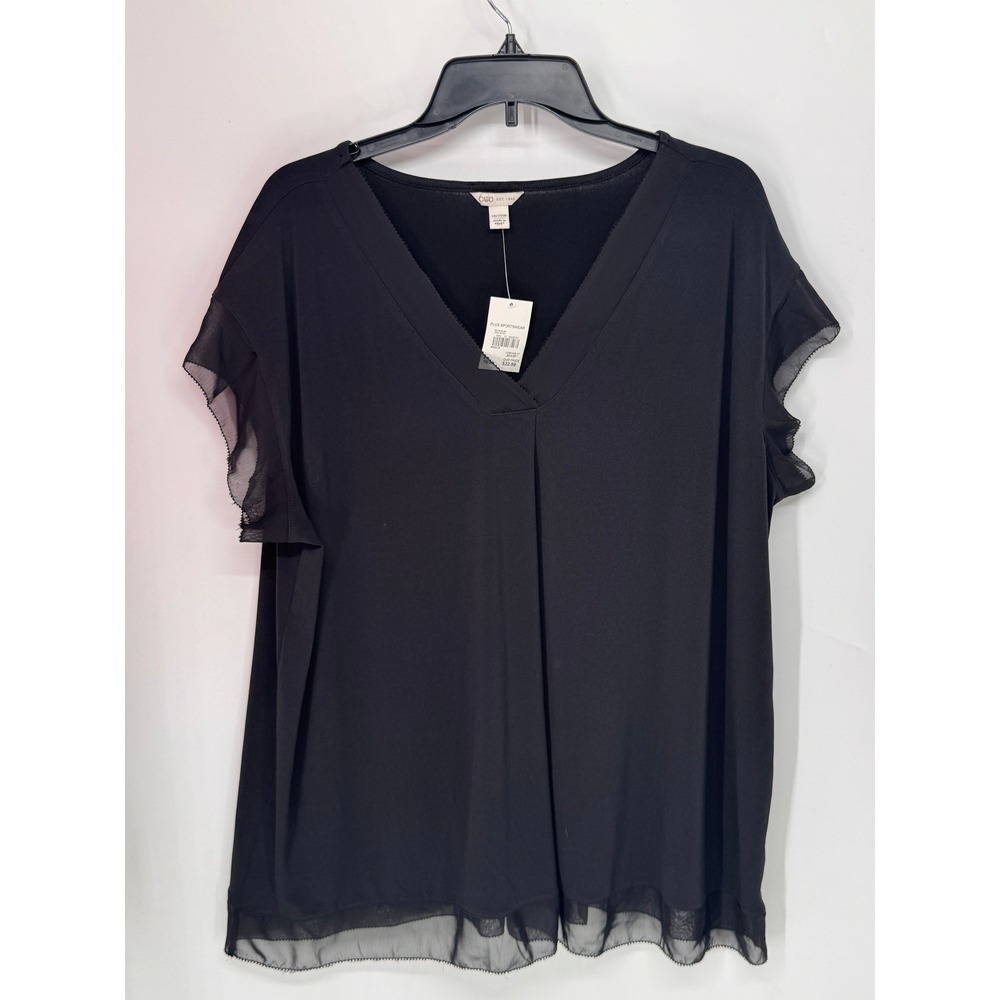 Cato Top Women 18/20W Black NWT V-Neck Sheer Chiffon Trim Ruffle Short Sleeve